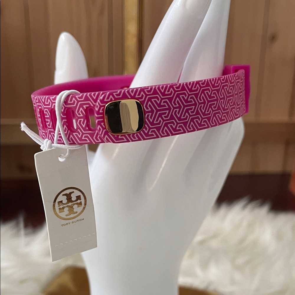 Tory Burch Hot Pink Printed Silicone Bracelet with Gold Accent